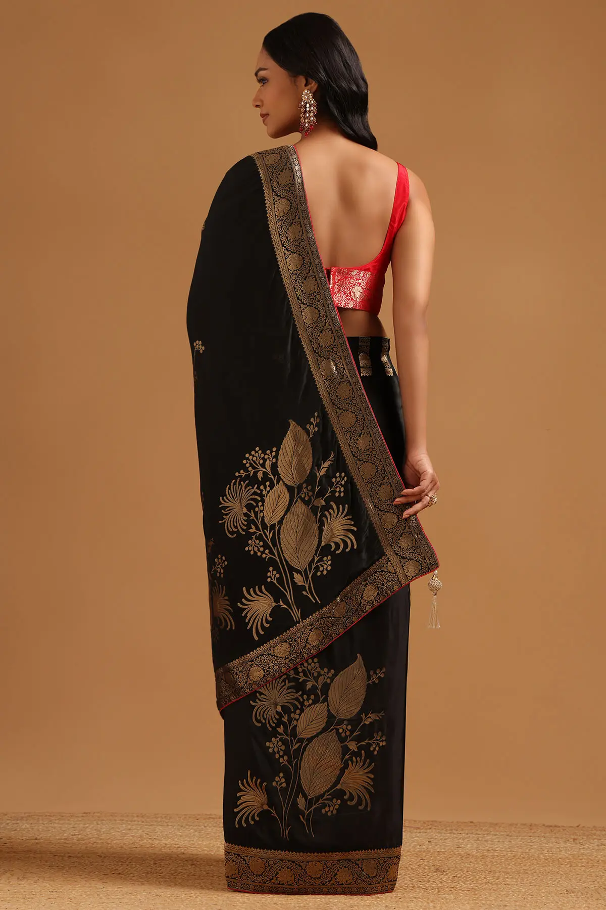 Black Silk Botanical Saree With Zari Woven Work
